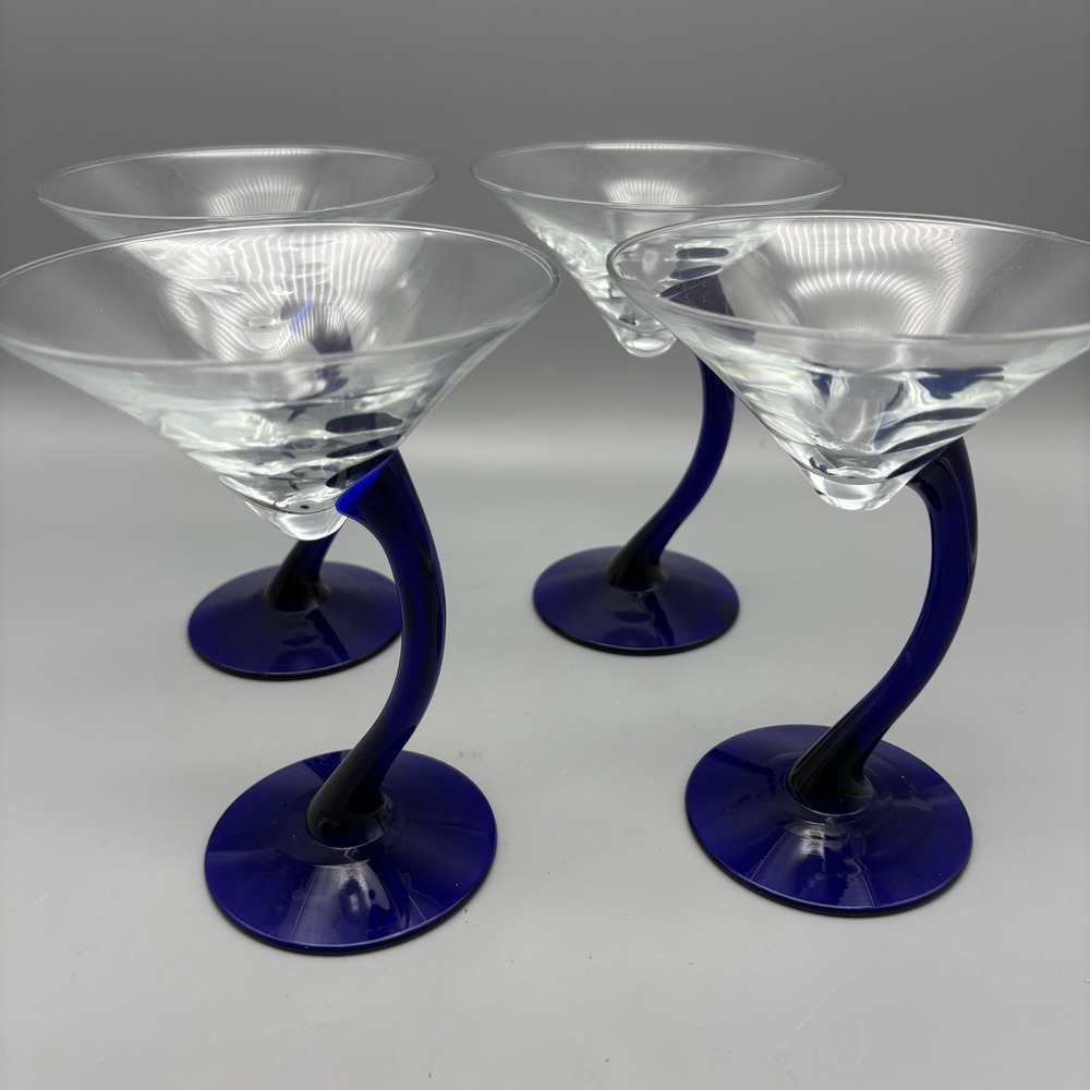 Libbey Bravura Cobalt Blue Swerve Stem Martini GlassesVintage Barware Cocktail 4